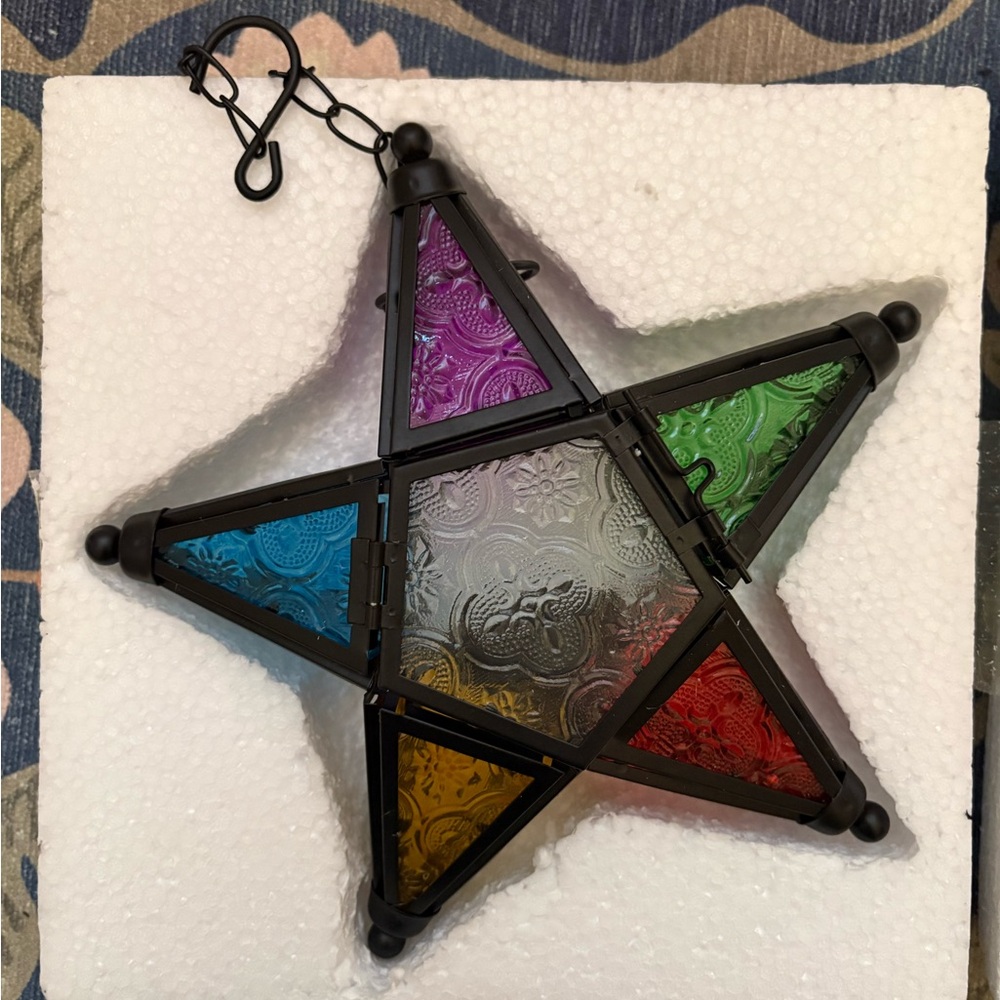 Stained Glass Star Hanging Lantern - Multicolor